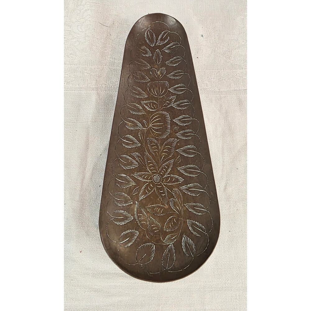 Large Solid Brass Footed Spoon Rest Sarna Brass India Floral Leaf Engraving 9"